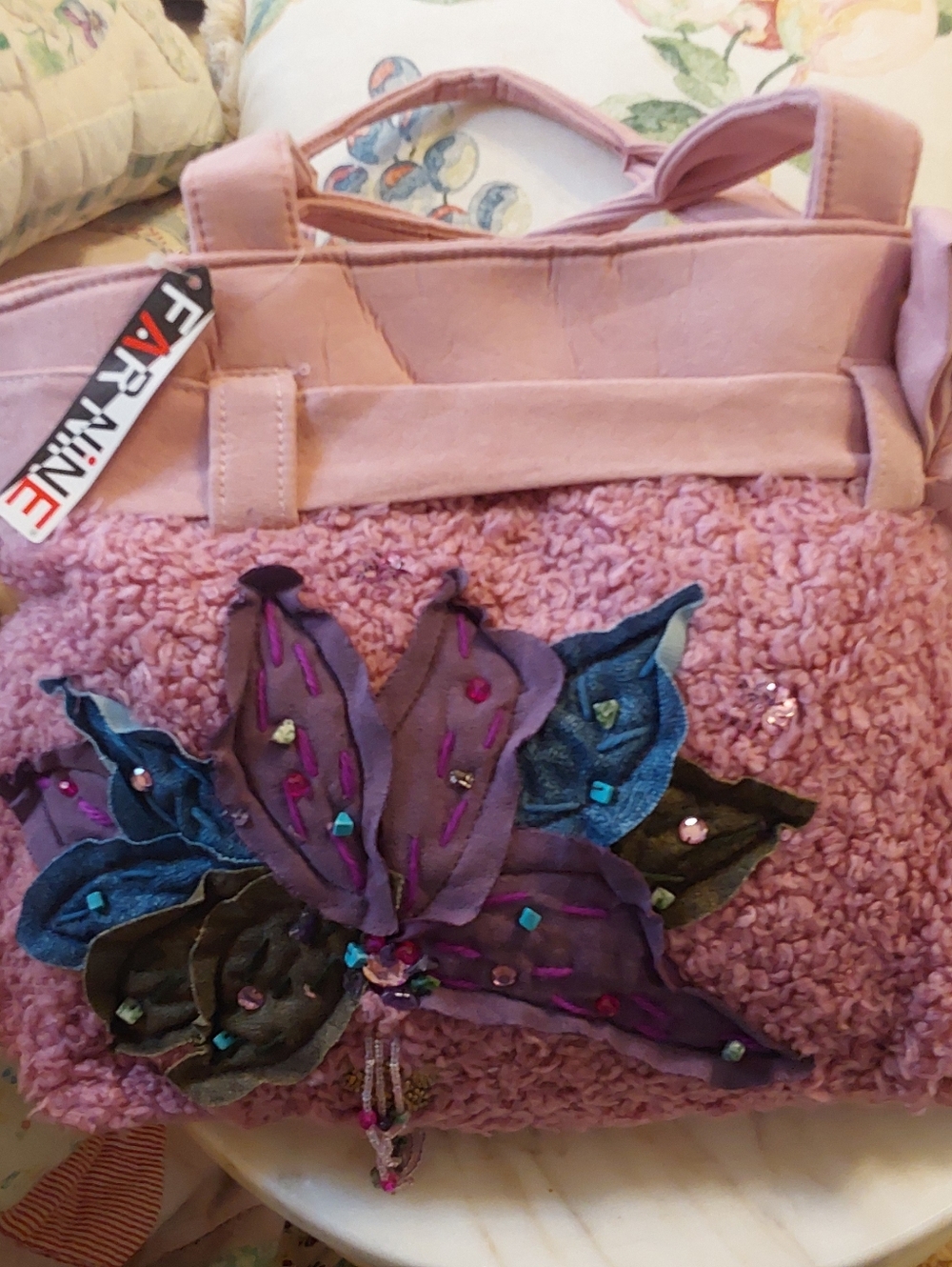 NWT Art Nine Pink Suede And Plush Handbag, Roomy Satchel With Flowers